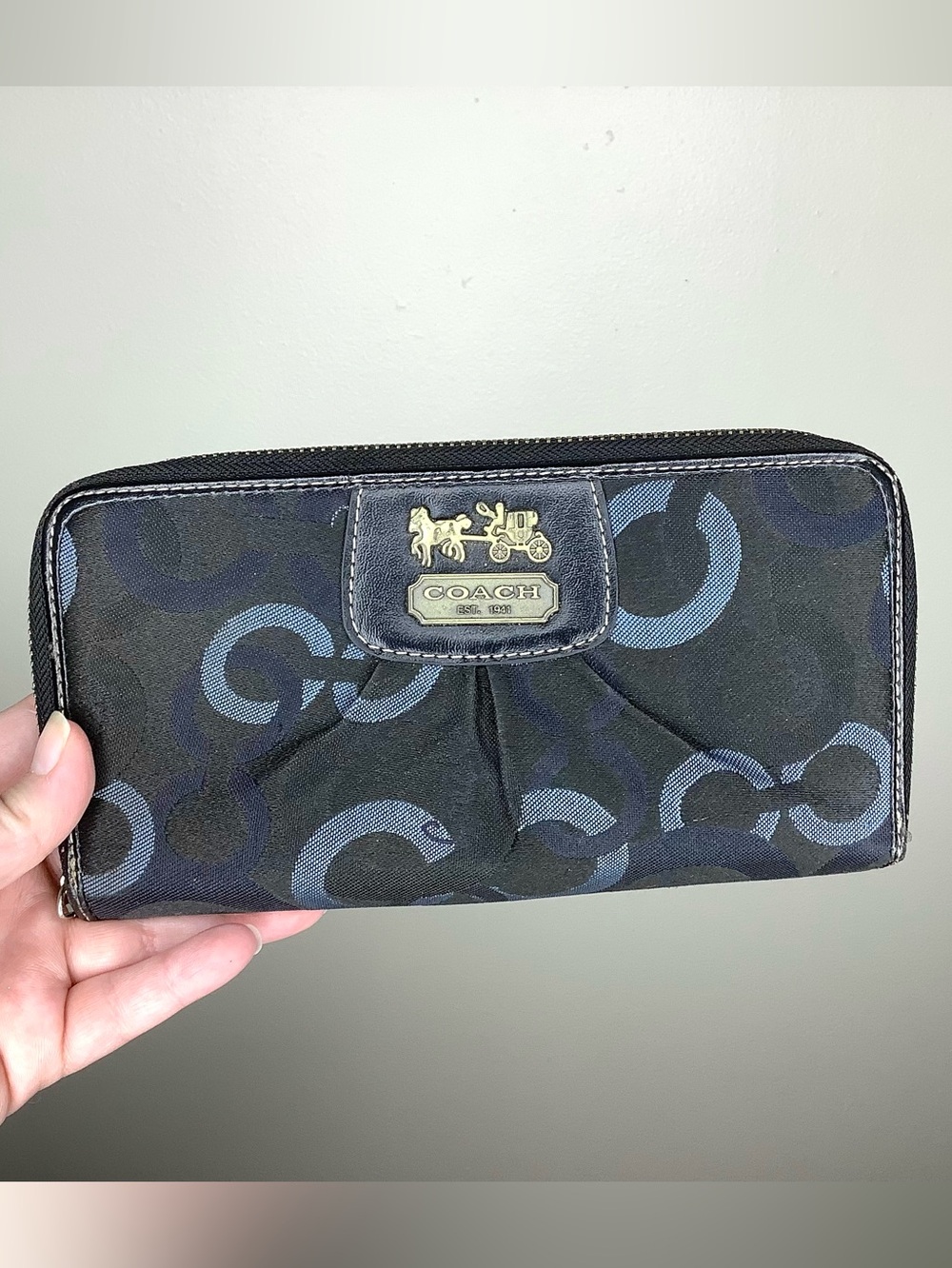 < Y2K Coach Black Fabric Wallet With Blue “C” Monogram Pattern >